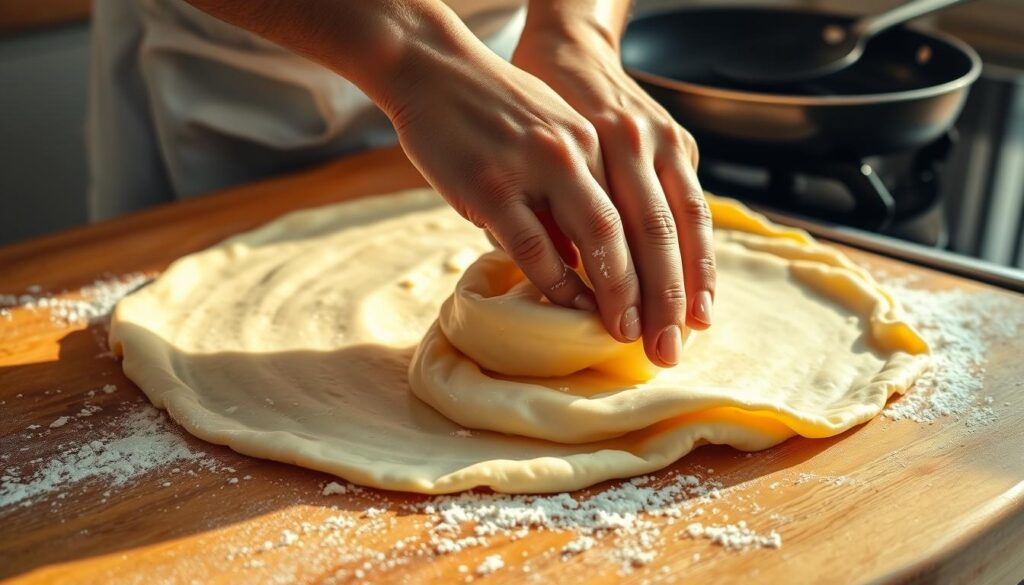 A close-up view of a chef's hands kneading and stretching a soft, pliable crepe batter on a lightly floured wooden surface. The batter has a smooth, glossy consistency and is being gently folded and stretched with precise, practiced motions. The scene is bathed in warm, natural lighting, casting a cozy, inviting atmosphere. In the background, a well-used non-stick crepe pan sits on a stove, ready to receive the freshly prepared batter. The overall mood evokes the comforting process of homemade crepe making, ready to be transformed into delicious, golden-brown crepes.