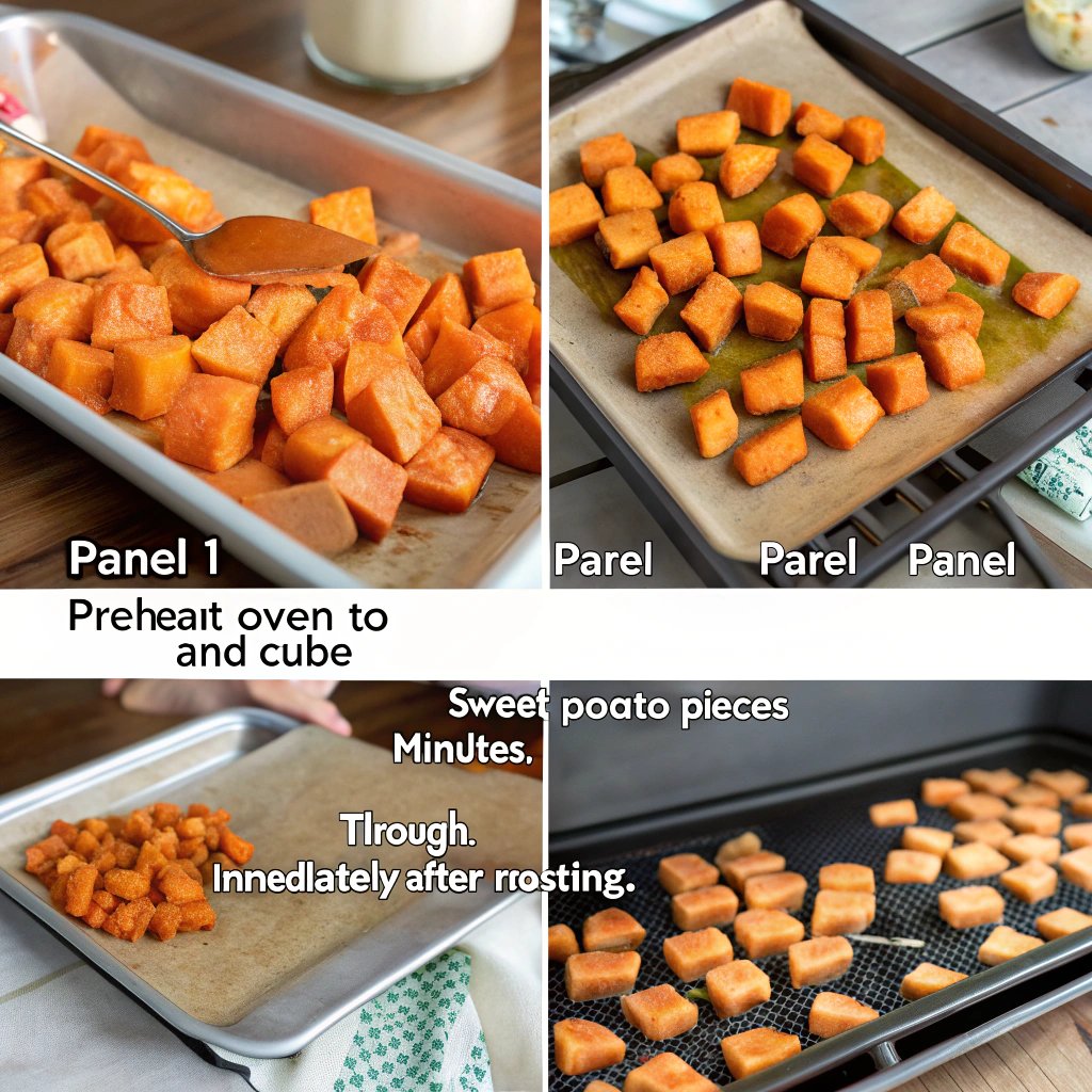 Step-by-step preparation of roasted sweet potatoes showing cutting, seasoning, and the final roasted dish with herbs