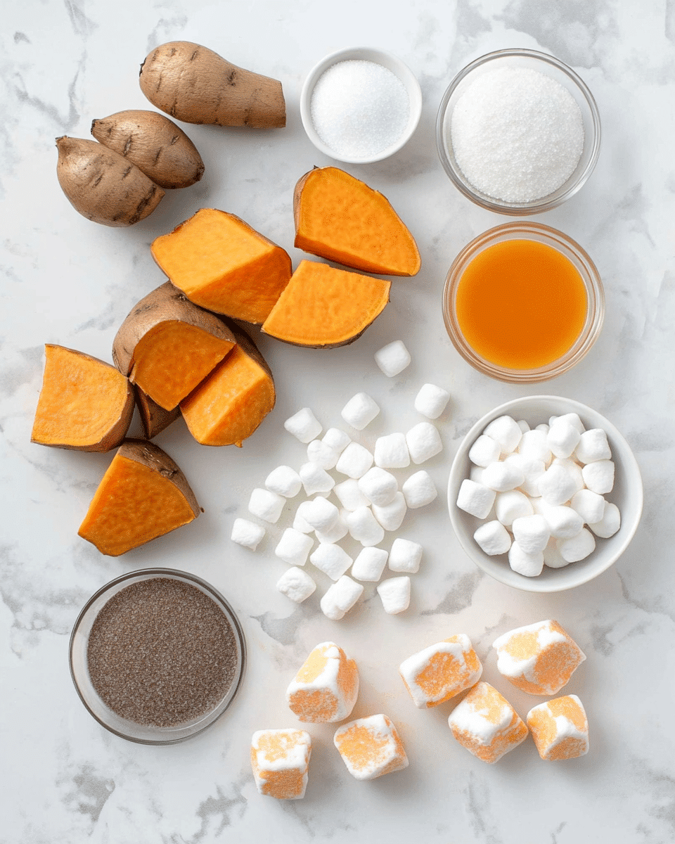 Classic Sweet Potato Casserole Classic Sweet Potato Casserole ingredients including sweet potatoes, brown sugar, butter, marshmallows, and spices arranged on a wooden surface