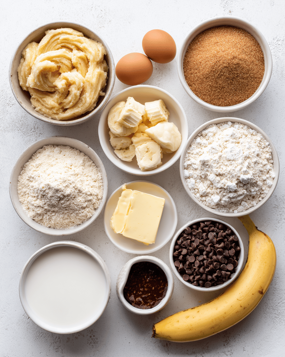 Banana bread and chocolate chip recipe ingredients
