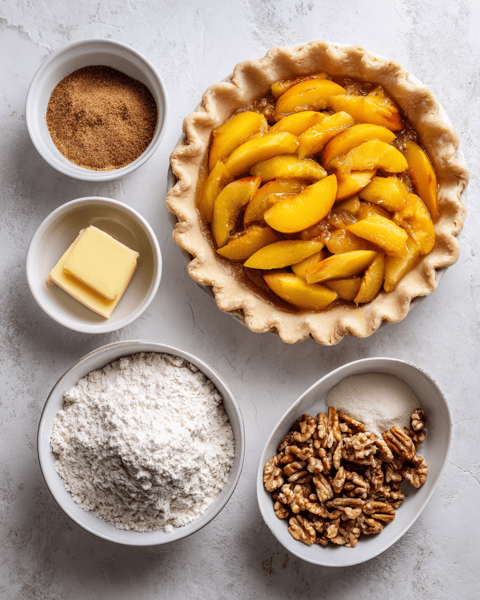 Bake this Brown Sugar Peach Crumble Pie with juicy peaches and a buttery walnut crumble topping. Perfect for summertime gatherings!