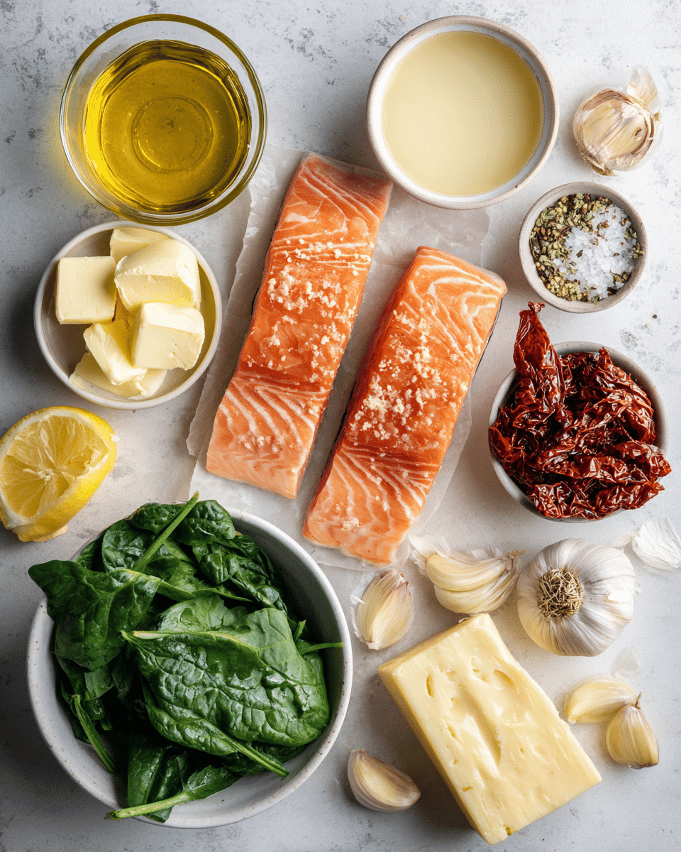 Make Creamy Garlic Butter Tuscan Salmon tonight—seared salmon in rich garlic‑cream sauce with sun‑dried tomatoes & spinach. Ready in 30 minutes!