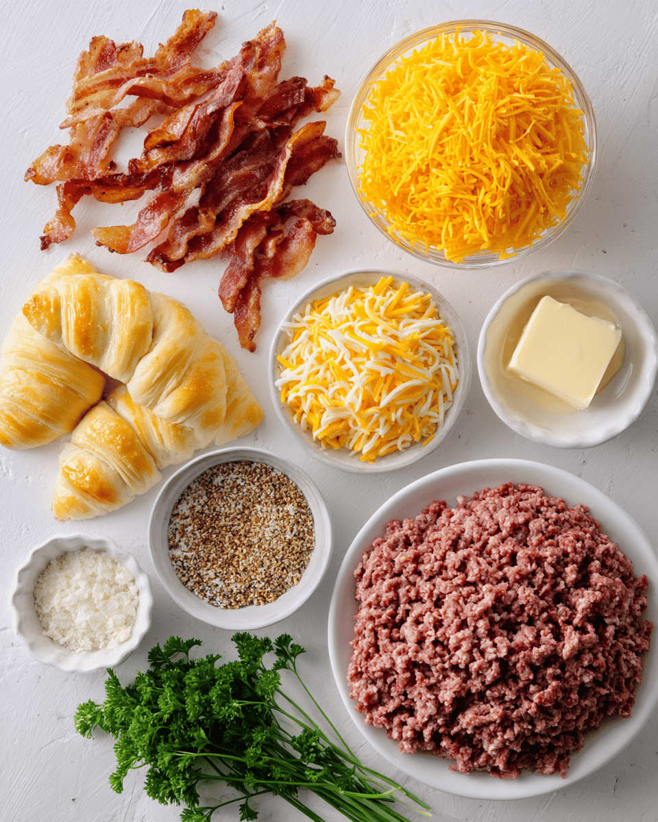 These Garlic Butter Bacon Cheeseburger Rollups are packed with juicy beef, crispy bacon, and cheddar in a buttery garlic crust—perfect for parties!