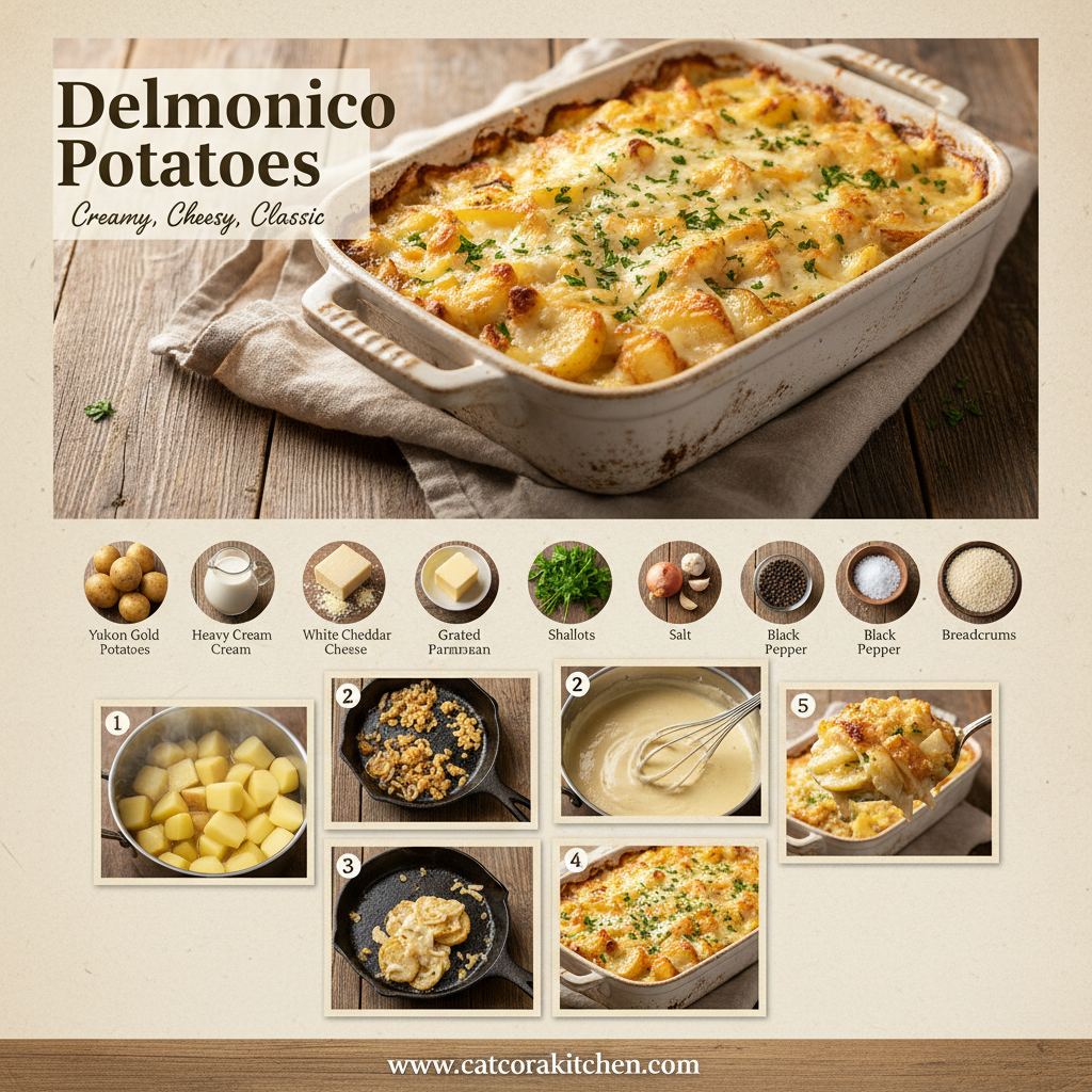 card recipe ingredients and instructions Delmonico potatoes
